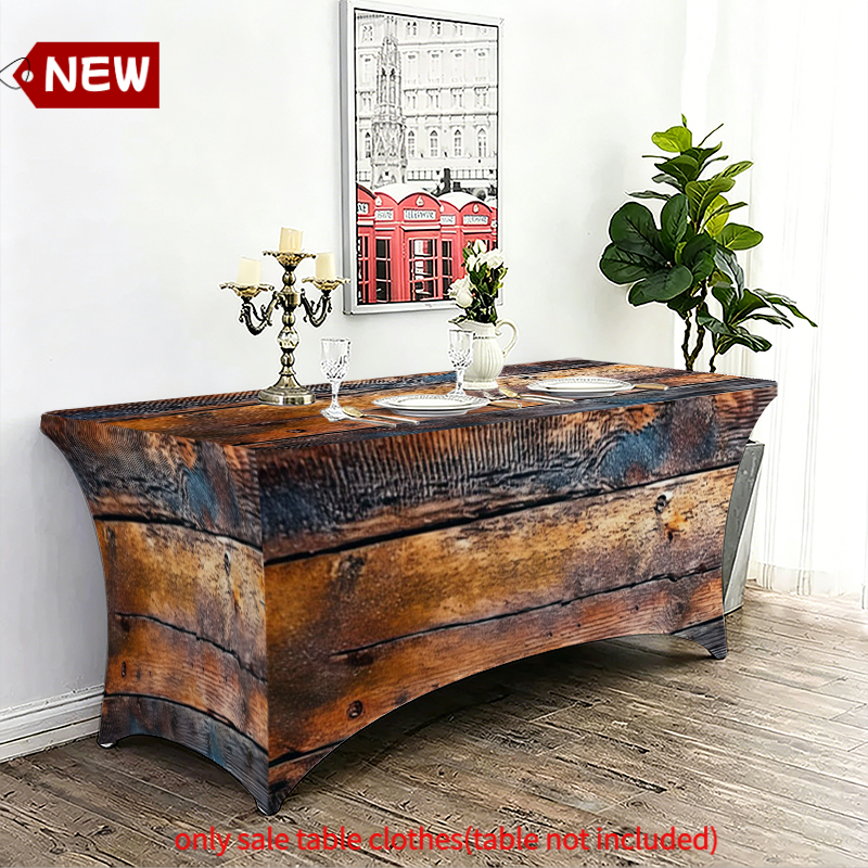 TEMU 1pc 1pcs Elastic Full Wrap Rectangular Table Cover With Retro Aged Wood Crate - Rustic Timber Table Suitable For Country Banquets, Backyard
