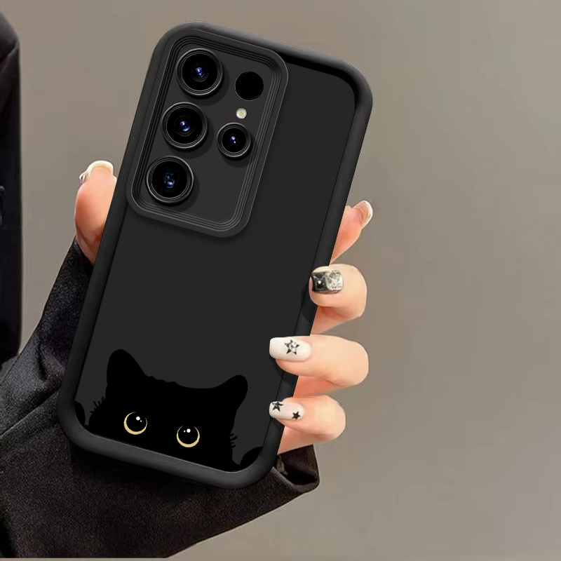TEMU Phone Case - Sparkling Peeking Little Black Cat Case For Galaxy S24 S21  S25 S23  S22  Plus Easy Cute Fashion Step Protection Cover For Galaxy