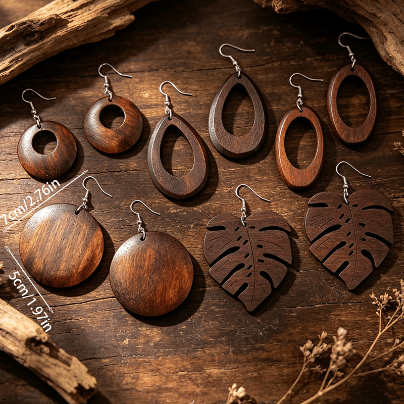 5 Pairs Autumn/Winter Wooden Leaf Earrings Set