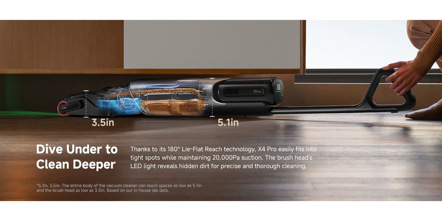 x4 pro plus   cleaning solution smart wet dry vacuum cleaner set 20000pa cordless vacuum mop featuring zero   hot water mopping for tough stains   hot air self drying 180 flat laying push in charging dock led screen Product details 9