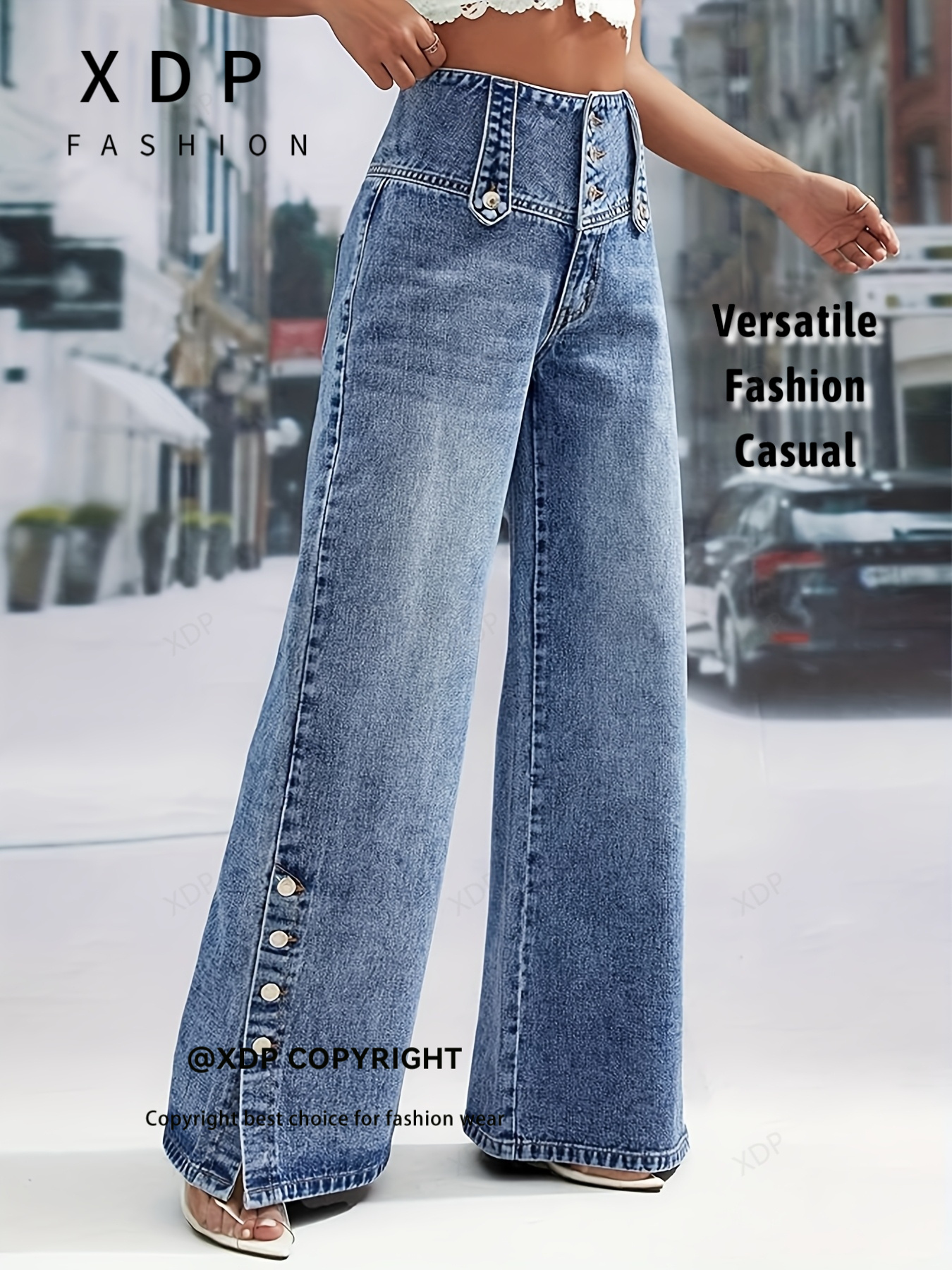 high waisted wide leg jeans for women stylish button waist split hem floor length pants   fit versatile washed blue trousers