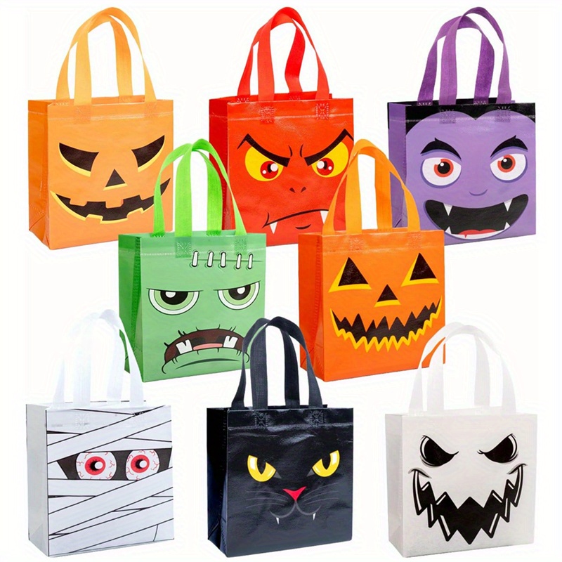 TEMU Large Reusable Non-woven Halloween & Christmas Treat Bags - Durable Foldable Tote With 8 Spooky Patterns (, , , Pumpkins, Bats) - Vibrant Colors