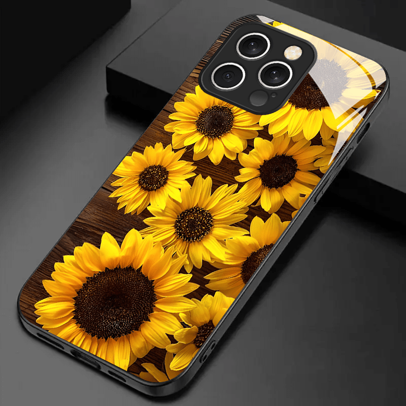 Flower Tempered Glass Black Case for iPhone 16/16 Plus/16 Pro/16 Pro  Max/* Plus/15 Pro/15 Pro Max/14/14 Plus/14 Pro/14 Pro Max/13/13 Pro/13 P