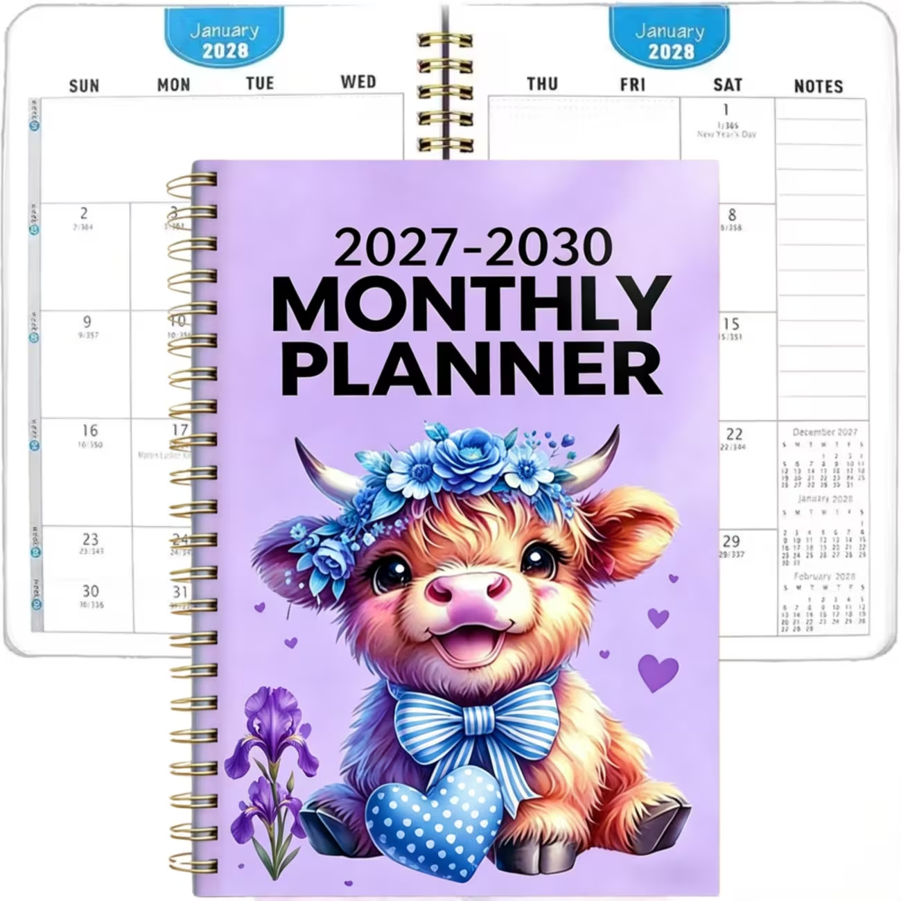 2027-2030 Monthly Planner, 4-year Large Agenda Book With Cute Highland Cow Cover, Monthly Calendar Organizer For Schedule, Goals & Notes, Purple Soft Cover Halloween Christmas New Year Gift