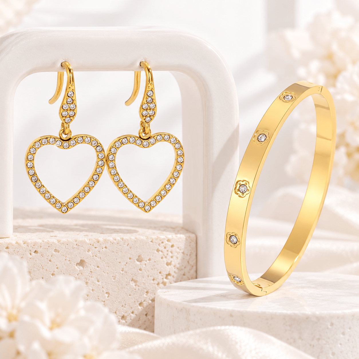 3pc 18K Gold Plated Bracelet and Earring Set, Matte Tray Design
