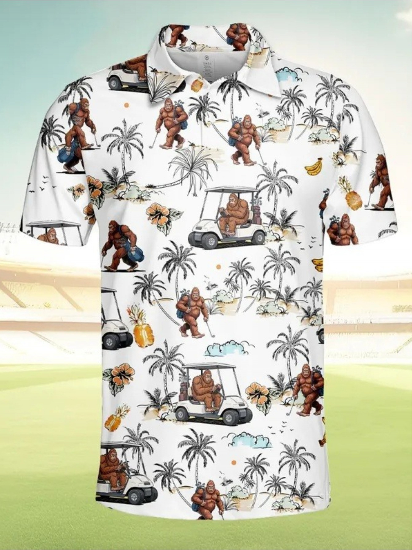   mens fun gorilla golf print short sleeve shirt   with a full vacation themed pattern suitable for casual and holiday wear versatile for everyday use made from fashionable breathable fabric trendy mens clothing