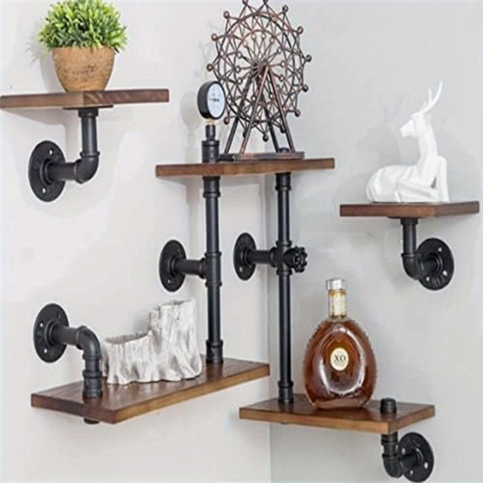 E-shop Thermall Industriestil Wandregal Hängeregal Metall+Holz Holzfarbe Bücherregal Rohrregal Dekoratives Regal Flaschenständer Geschenke für Familie