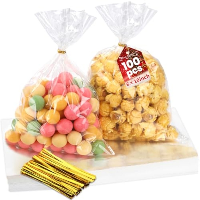 100pcs clear llophane plastic bags with twist ties - 15.24x25.4 cm large   candy bags, individually wrapped &   for party favors, weddings, birthdays,  ,  , chocolates - food-safe opp plastic, dustproof & tear-resistant (durable,) - 2.0mil thick, individually wrapped for hygiene, bulk pack of 100 with twist ties for secure closure & use 0