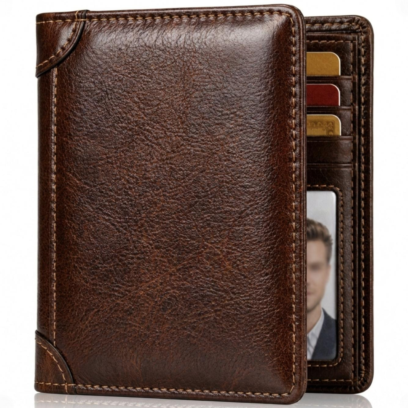 TEMU Men's Rfid Blocking Leather Wallet Vintage Cowhide Slim Bifold With 2 Id Windows Multi Card Slots Thin Minimalist Use Gift For Men