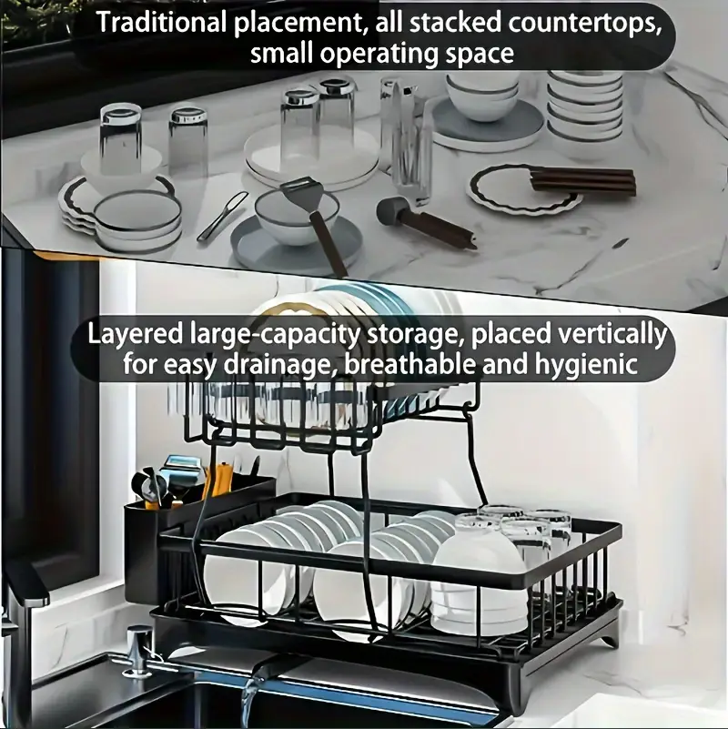 double dish rack for double countertops is here it has a unique 360 drainage function tableware can dry quickly the drain tray with the cutlery rack and 4 cup holders is above the sink or a cup it can Product details 8