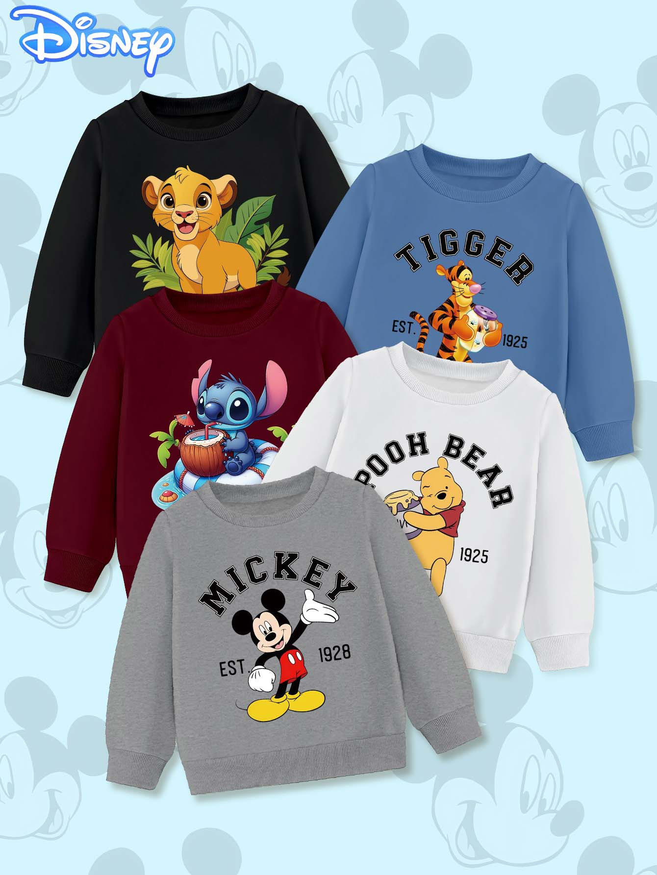 5 stuks Disney Jongens' Lange Mouwen Crewneck Sweatshirts - Stitch, Mickey, Winnie de Poeh, Leeuwenkoning Print