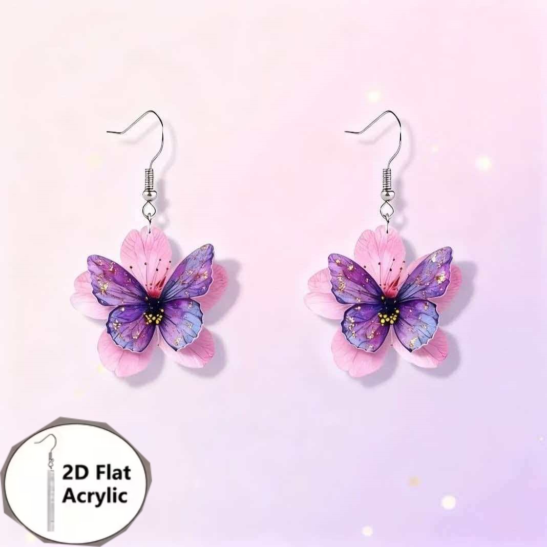 2D Acrylic Butterfly Flower Drop Earrings — Vibrant Charm