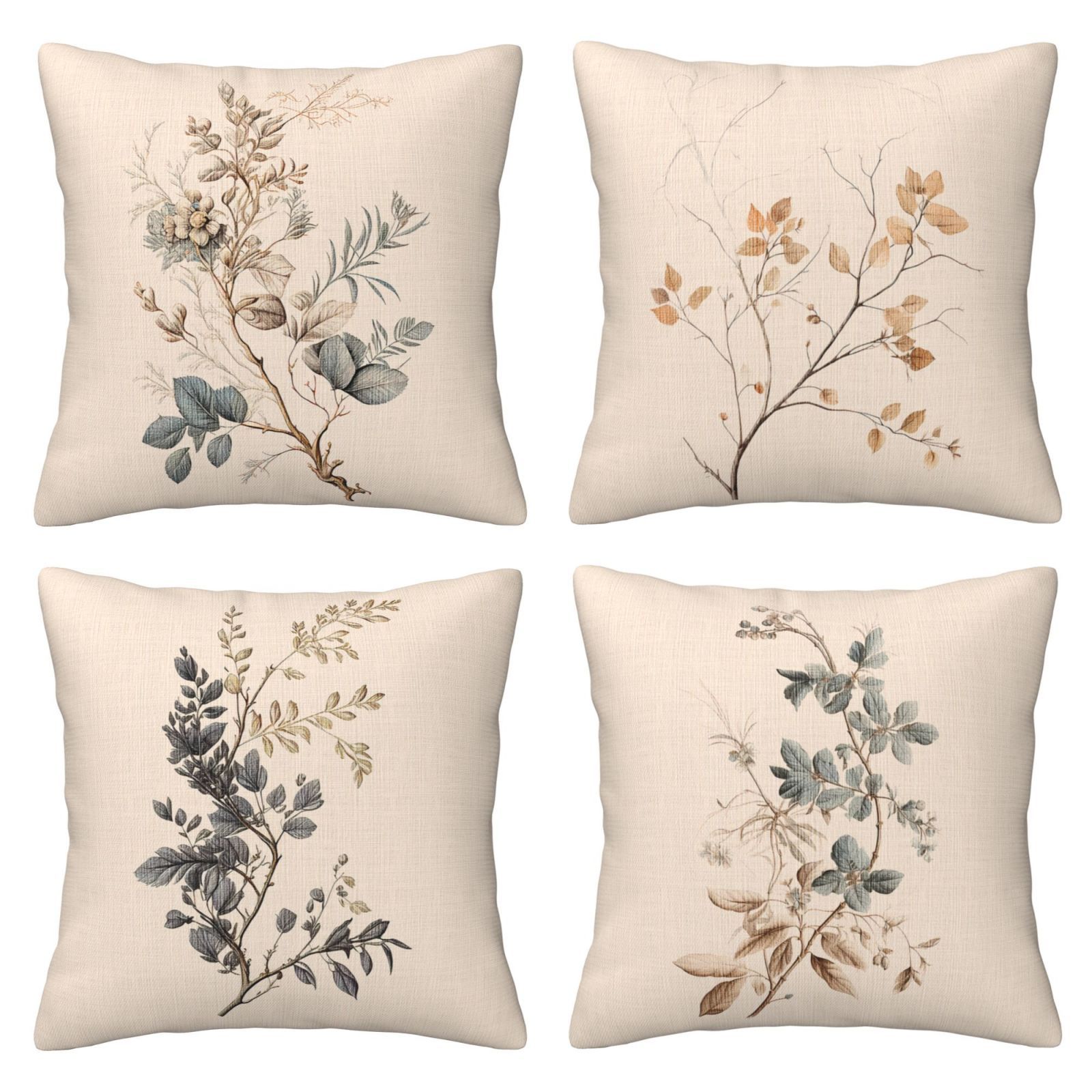 

4-pack Vintage Botanical Linen Blend Throw Pillow Covers, Machine Washable Polyester, Hand Drawn Plant Design, Zipper Closure, Single-sided Cushion Cases For Sofa, Bed, Home Decor - Not Filled