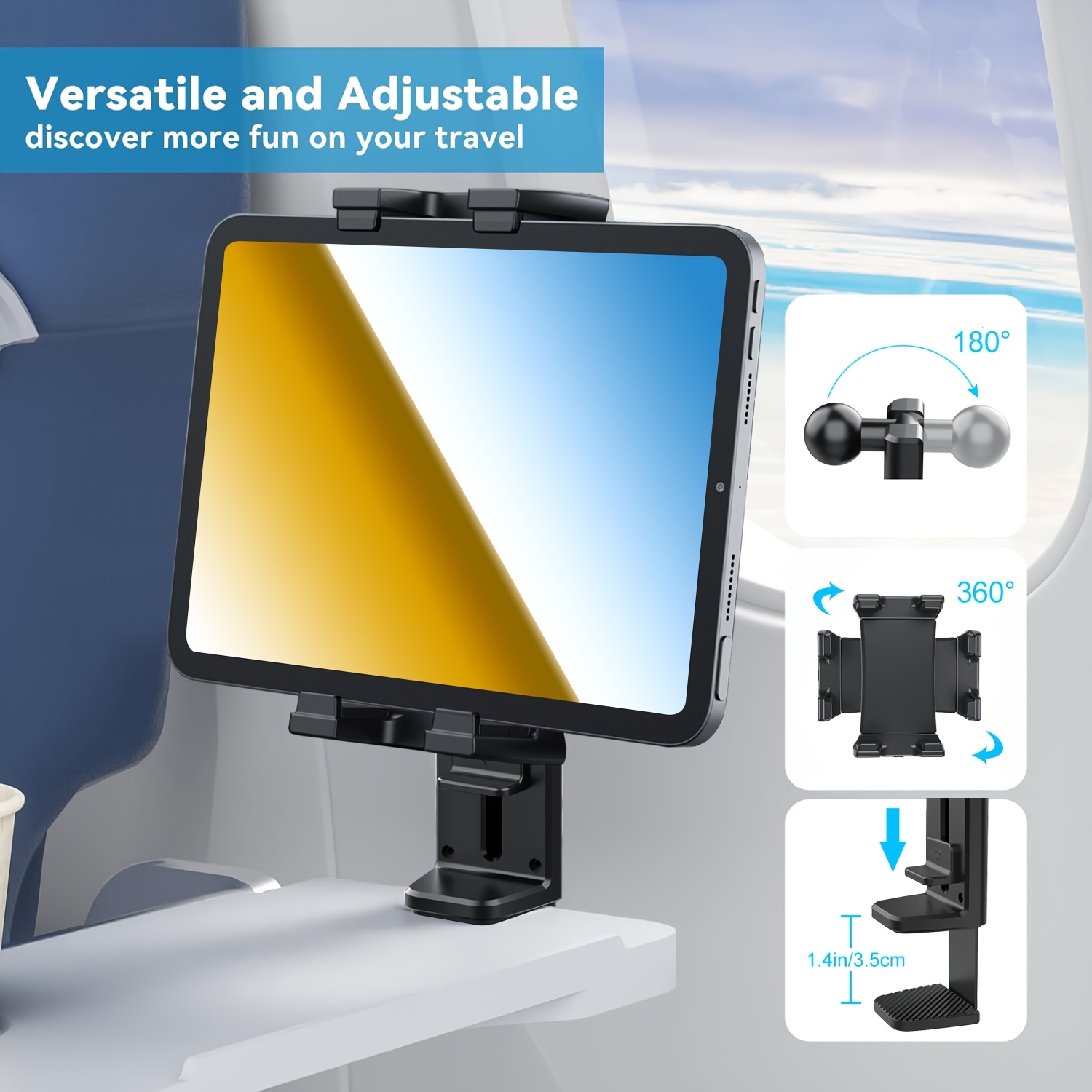 TEMU Adjustable Travel Mount For Tablets And Smartphones- Durable Abs, 360Â° Rotating Clamp For Airplanes, Train Trains, And Desktop Use, Ideal For