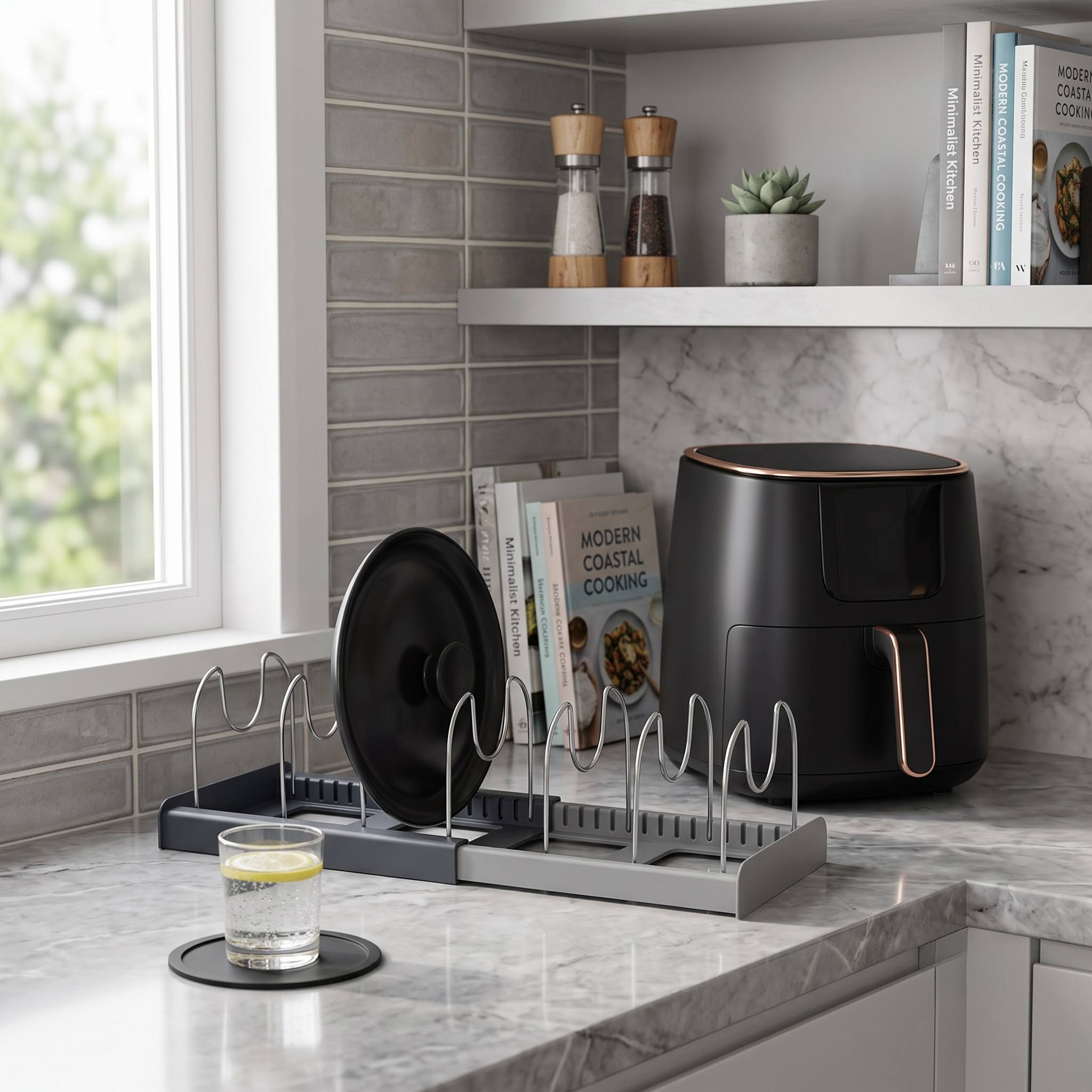 TEMU Juego de organizador de cocina con estante ajustable para guardar tapas de ollas y posavasos antideslizantes, soporte para utensilios de cocina