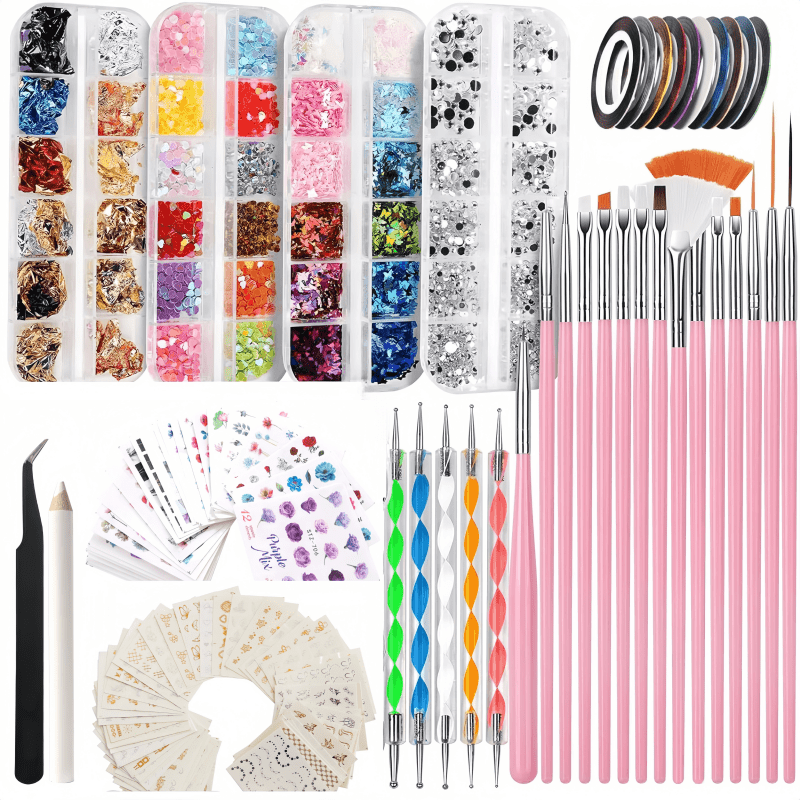 TEMU Set Of For Nail Art Supplies Including Brushes, Dotting Tools, 54 Sheets Of Water Transfer Stickers, Striping Tape, Foils, Rhinestones, Along With Tweezers And Scissors
