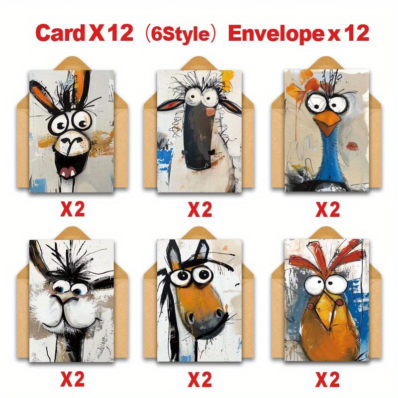 TEMU (12 Greeting Cards + 12 Envelopes) Animal Cards With Envelopes, Cute Whimsical Cartoon Illustration Cards Bulk For Thank You Birthday Wedding
