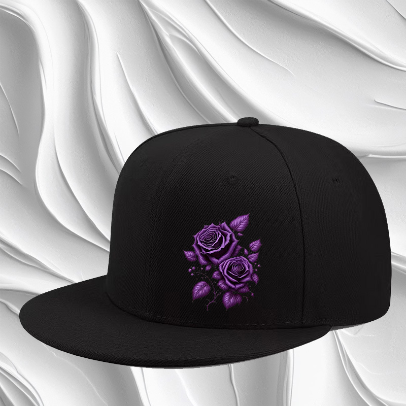 TEMU Polyester Baseball Cap With Flat Brim - Adjustable Back Strap, Construction - Unisex Hip-hop Fashion Hat Featuring Purple Rose Print