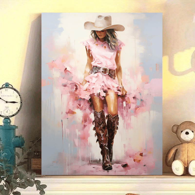 

Chic Pink Watercolor Cowgirl Canvas Art Print - Vintage Western Farmhouse Wall Decor, 11.8x15.7", Waterproof, For Living Room, Bedroom, Home Office, Room Decor