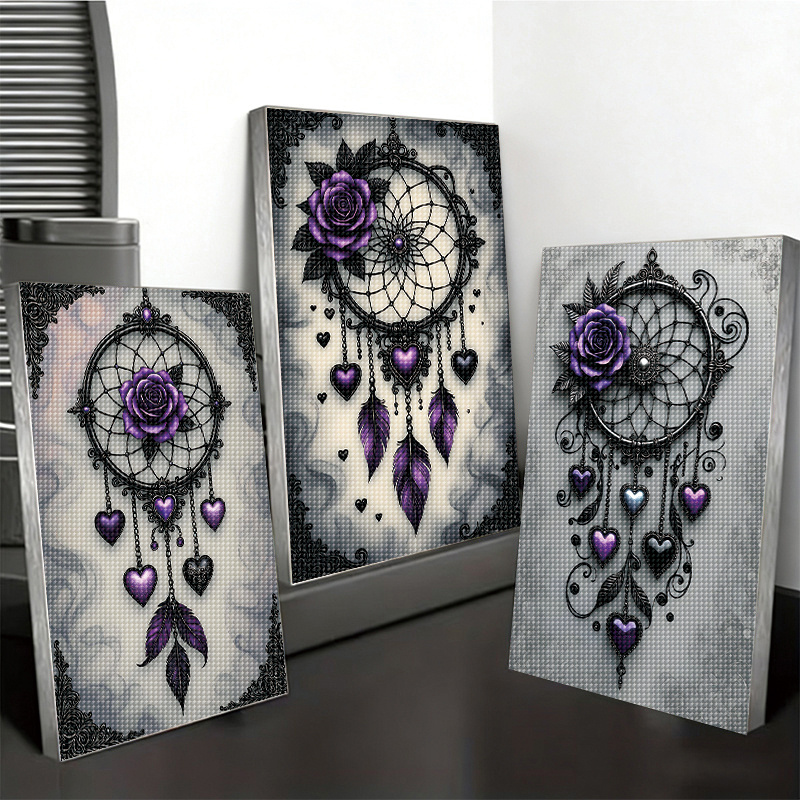 TEMU 3 ensembles de peintures diamant à faire soi-même style attrape-, peinture diamant cœur rose violette plume, art mural décoratif, style gothique