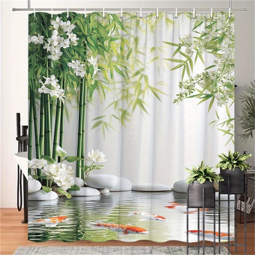 TEMU 1pc Bamboo And Koi Fish Shower Curtain, Minimalist Digital Illustration, With Pebbles, Surrounded By Bamboo And Koi Fish, And Natural Design,