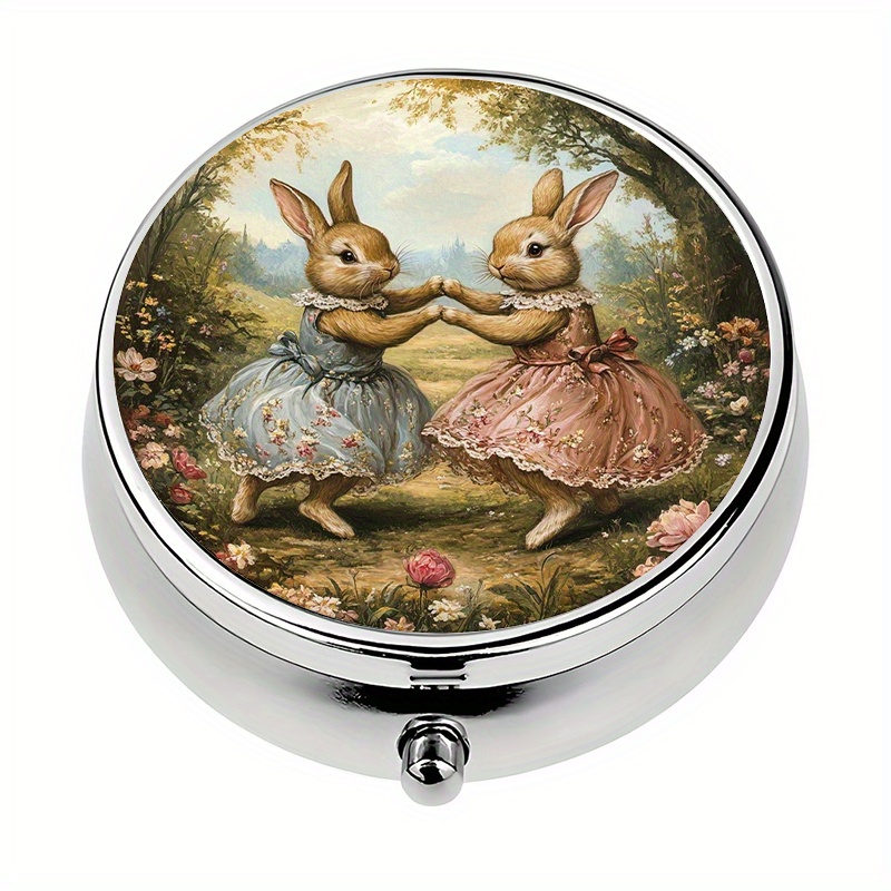 TEMU 1pc Pill Box With 3 Compartments Cute Rabbit Dancing In Garden Theme Mini Pill Container, Pill Organizer, Unique Gift For Travel And Storing