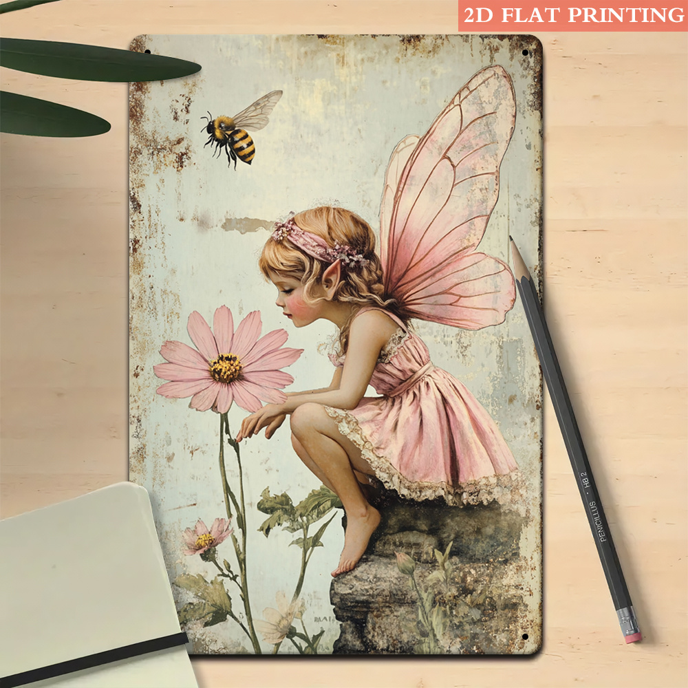 TEMU 2d Flat - 20.32x30.48 Cm Rustic Iron Decorative Plaque Featuring A Vintage Fairy With A Flower And Bee, Perfect For Enhancing The Decor Of Your