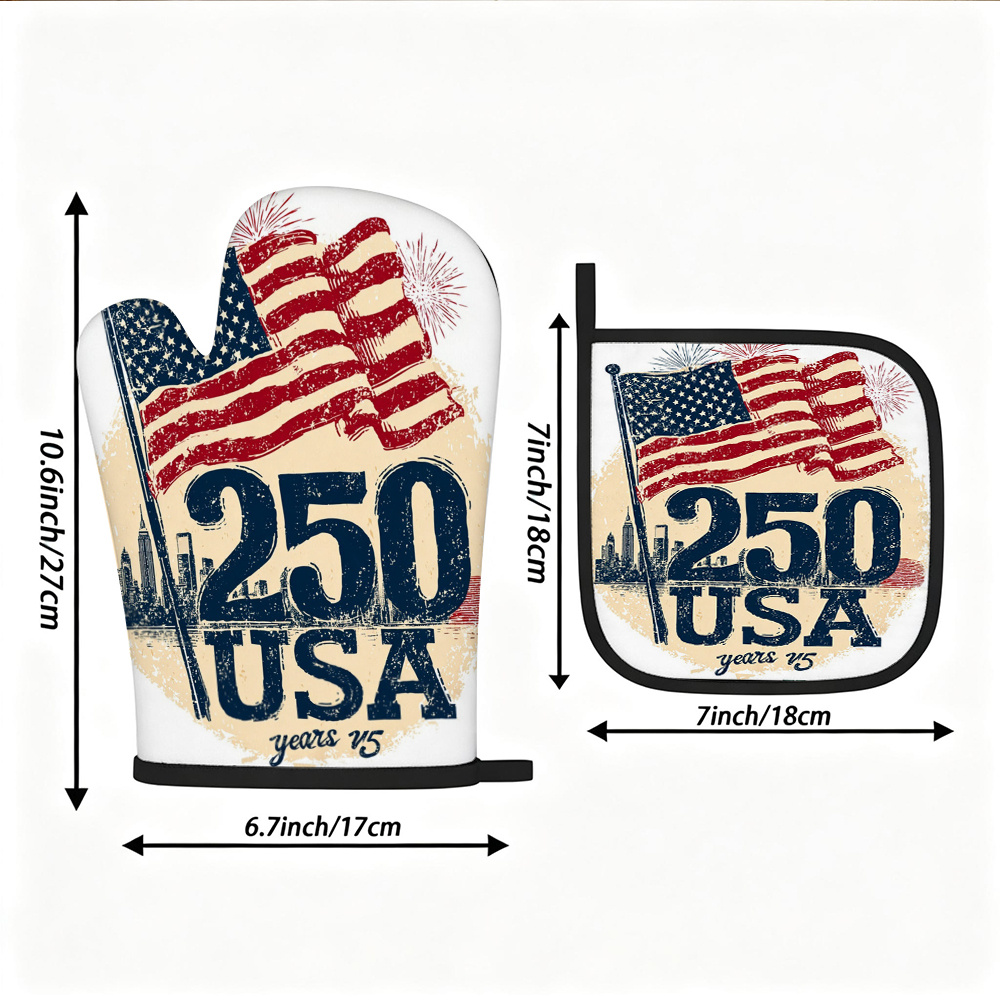 TEMU Oven Mitt And Pot Holder Set, Vintage Distressed Style, Decorated With American Flag Pattern, 250 Usa Lettering And Fireworks Elements, Perfect