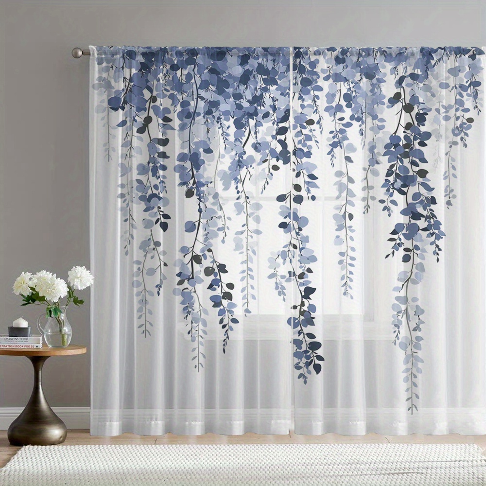 TEMU 2pcs Elegant Printed Home Decor Sheer Curtain, Rod Pocket Window Scarf, Flowing Sheer Drapes For Kitchen Room Balcony Garden