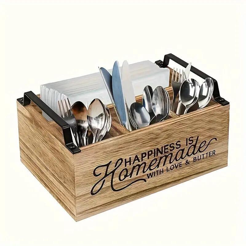 1pc Brown Wooden Multi-compartment Storage Box; Kitchen Countertop Storage Rack; Flatware Storage Rack For Home Use; Suitable For Forks, Spoons, Whisks, And Similar Items