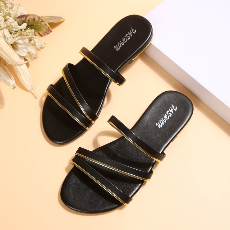 TEMU Women'-strap Colorblock Flat Sandals With Metal Edge Decoration, Simple Commuter Style Summer Black Pu Sandals, Women Shoes