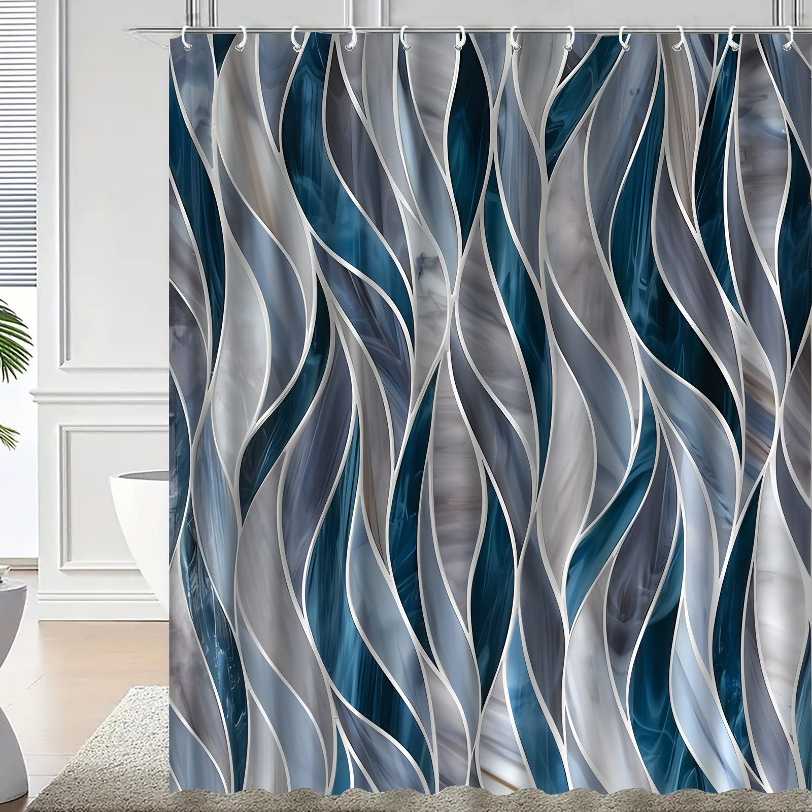 Striped Pattern Printed Shower Curtain with Hooks