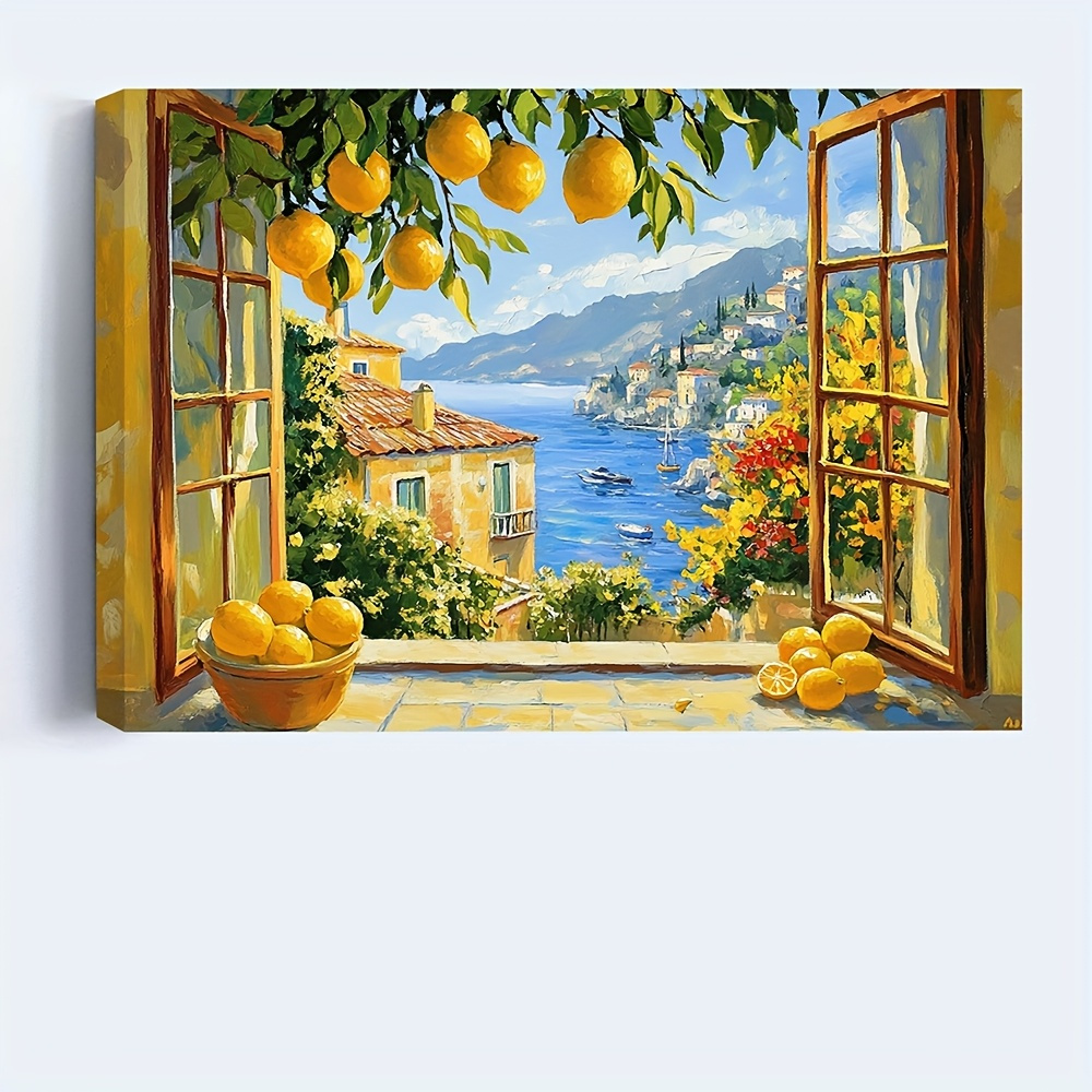 2d  , 2d  , 1   bez okvira, vintage mediteranski obalni zidni umjetnički rad s pogledom na kuhinjski prozor s limunima i otvorenim prozorom, dekor s temom limuna, platno s motivom talijanskog  , savršeno za dnevne sobe u stilu seoske kuće, spavaće sobe, kuhinje