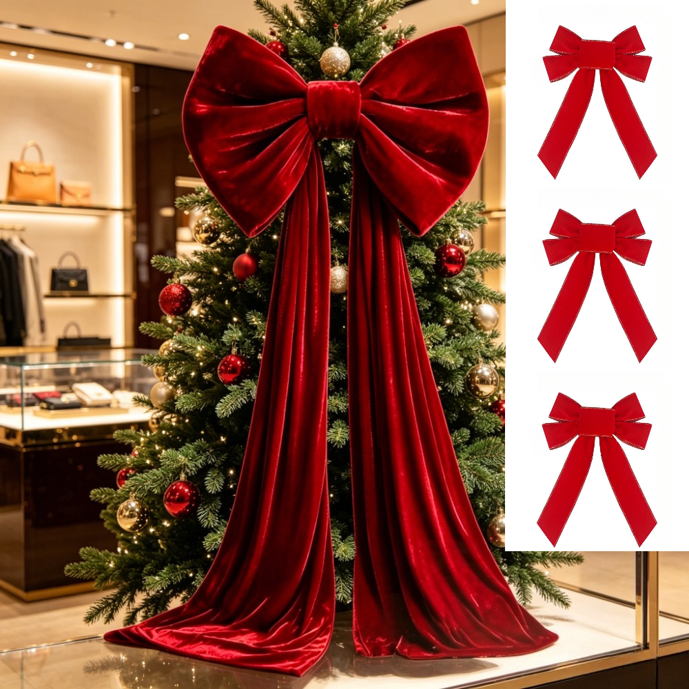 TEMU Thickened Velvet Burgundy Oversized Bow And 3pcs Large Gold-bordered Red Satin Bows, Long Tassel Design, Christmas New Year Wedding Party Store