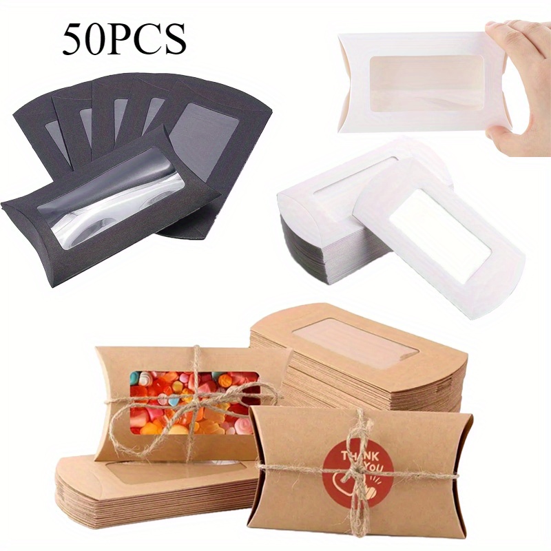 

50pcs Semi-transparent Pillow-shaped Kraft Paper Candy Boxes With Window - Birthday, Wedding, Halloween & Christmas Gift Packaging