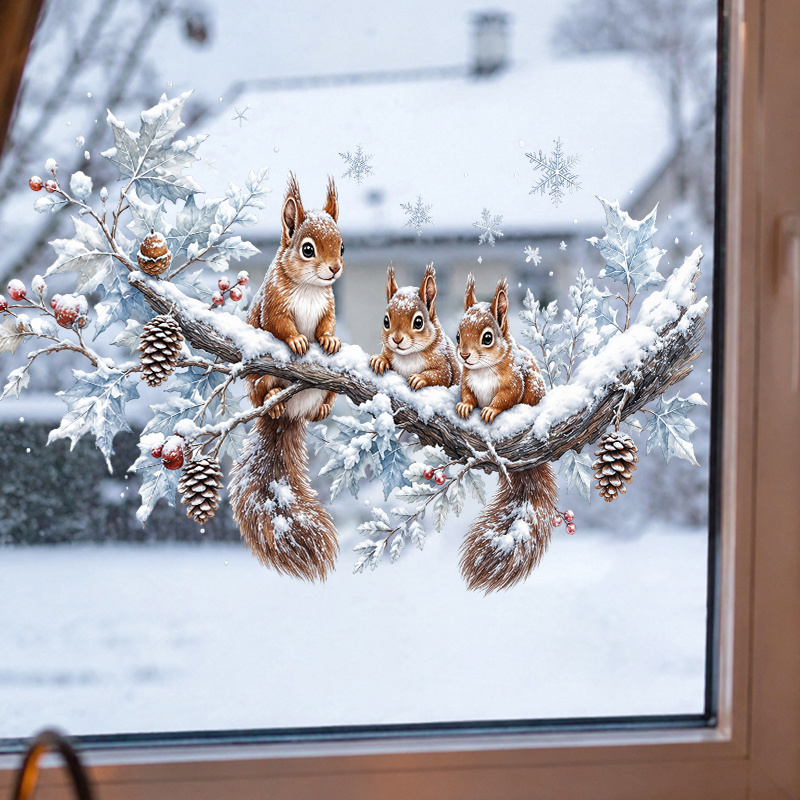 TEMU 1pc Winter Squirrel With Berries Pine Cone Snow Branch Static Adsorption Window Sticker, Glass Sticker, Exquisite Art Individual Face Reusable