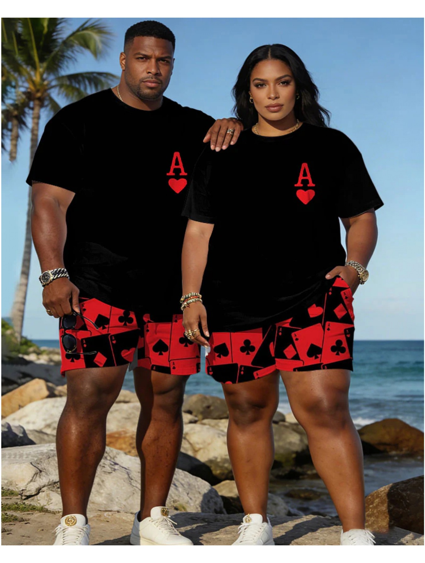 Men's Spring and Summer New Valentine's Day Dating Party Vacation Poker Love Chest Print Crew Neck Short Sleeve T-Shirt Shorts Set Couple Dress