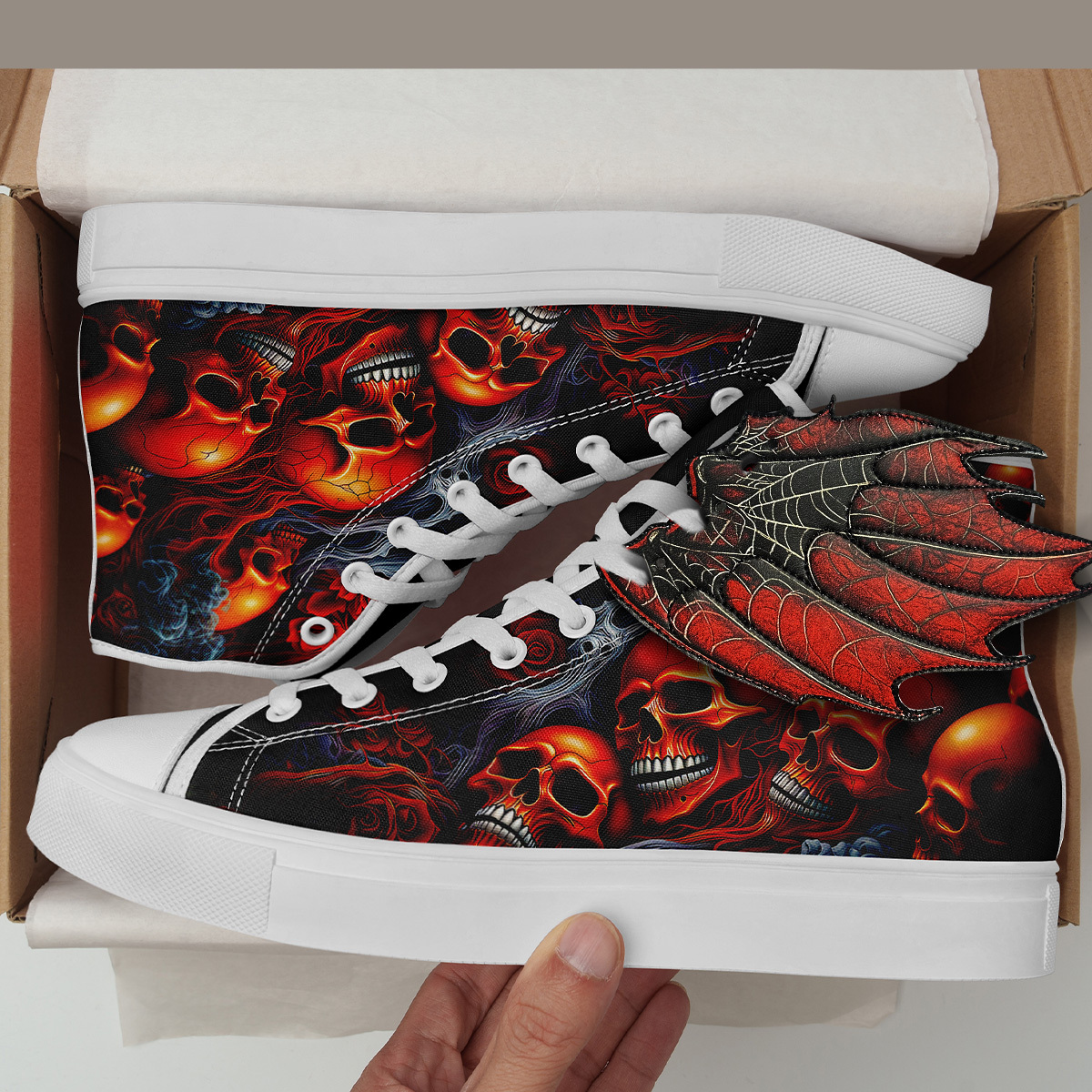 Men's Gothic Skull Wing High-Top Sneakers, 3D Wing Halloween Red Flame Skull Print Design Shoes, Spooky Horror Punk Streetwear Shoes