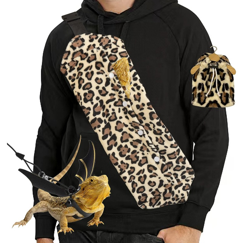 Set of Leash And Harness for Bearded Dragons, Carrier for Beardies, Adjustable Lizard Harness with Leather Wings And Sling Bag, Small Pet Backpack for Reptiles with Batwing Additions (Leopard Design)