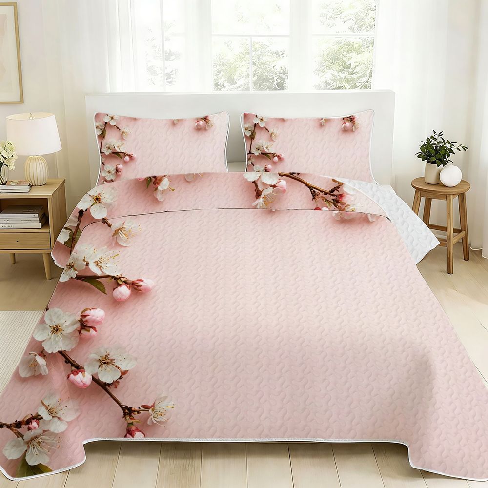2/3pcs Quilt Set Elegant 2D Cherry Blossom Pattern Bedspread Set, Soft Pink & White Floral Quilt Bed Cover Set (1 Quilt + 1/2 Pillowcases), Spring Serene Floral Bedding for Bedroom Decor, Delicate Blossom Branches with White Flowers & Pink Buds