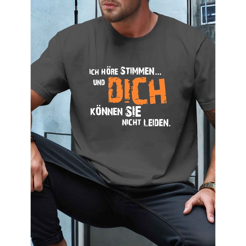 

1pc Men's Casual German Quote T-shirt, Summer Short Sleeve Round Neck Top, Polyester Knit Fabric, Regular Fit, Geometric