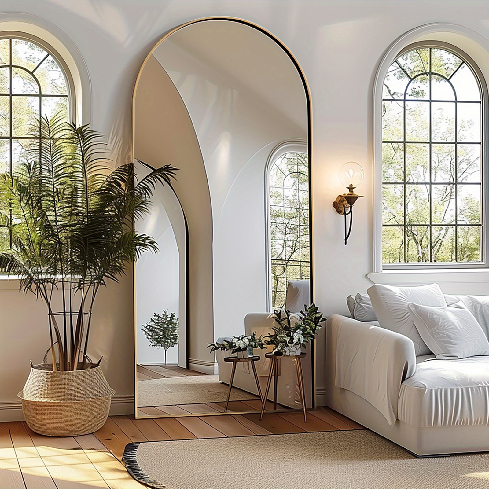 Large Arched Full-Length Mirror - Oversized Floor-Standing Bathroom Mirror with Polished Glass, Wall-Mounted or Leaning Design for Bedroom, Entryway, Hallway - Black, Bathroom Mirrors for Wall, Bedroom Mirror, Modern Arched Mirror, Elegant Frame