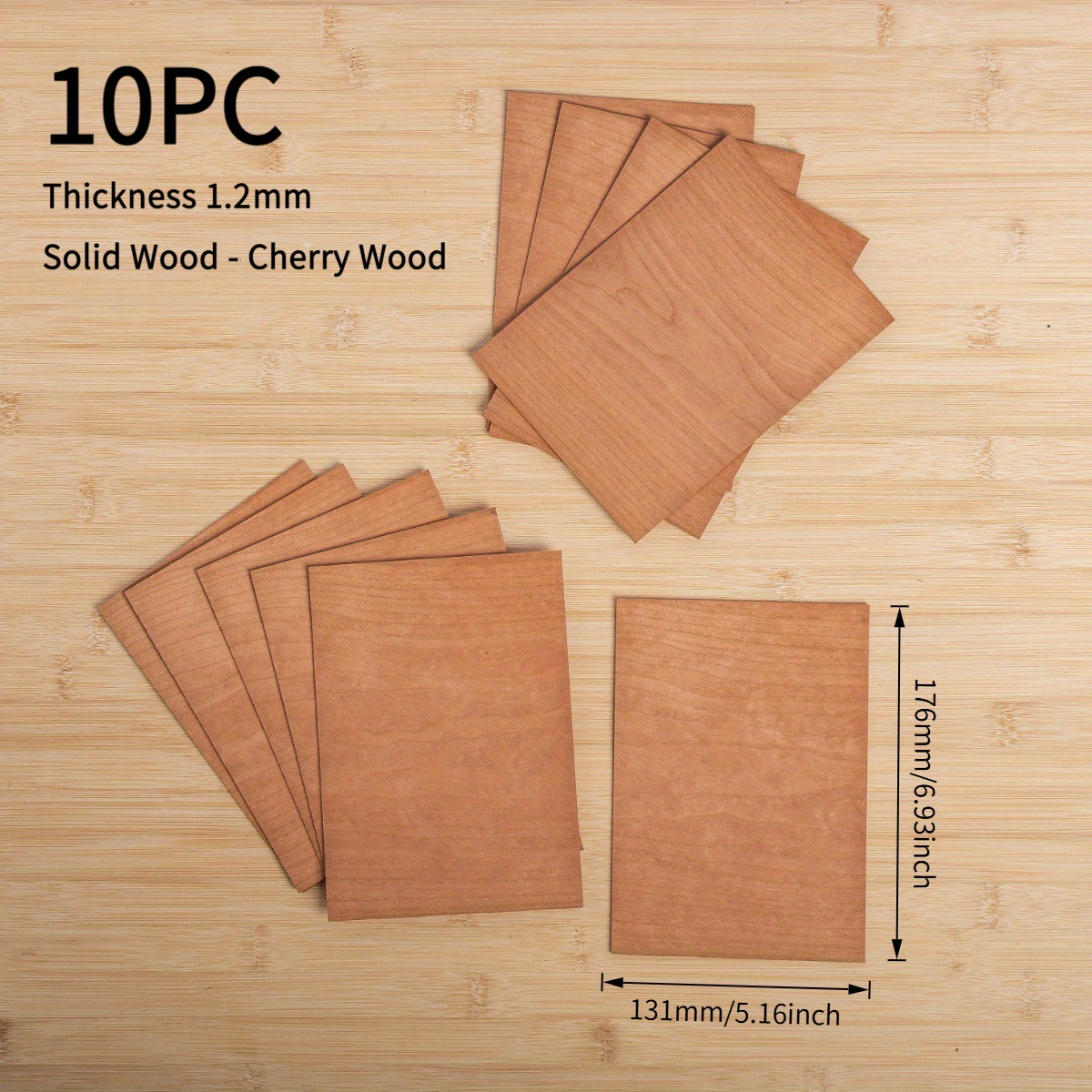 10pcs Cherry Wood Veneer Sheets - 176x131mm, 0.12mm Thin Natural Wood With Cathedral Grain, Suitable For Laser Cutting, Crafts, Furniture Inlay, Guitar Making And Wood Repair