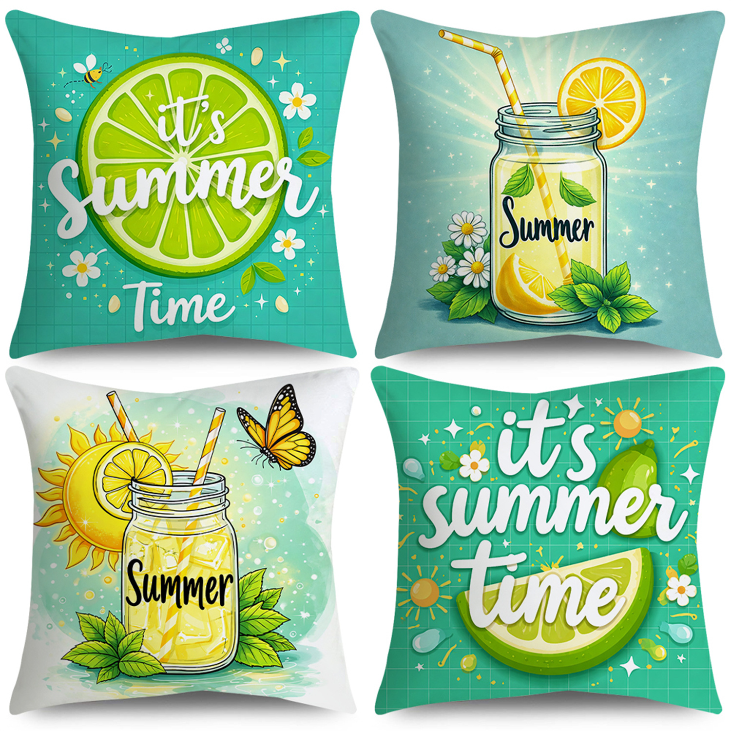 TEMU 2D Flat - 4er-Set Sommer Kissenbezüge mit Zitronen-Motiv, Sommer Zitronen Schmetterling Sonnenlicht Muster Kissenbezüge, Wohnzimmer Sofa Deko