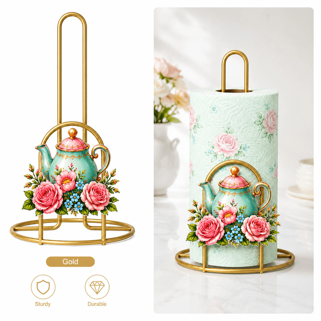 TEMU 1 support minimaliste en fer pour essuie-tout de cuisine, théière, motif floral décoratif pour le rangement de comptoir de cuisine à domicile,