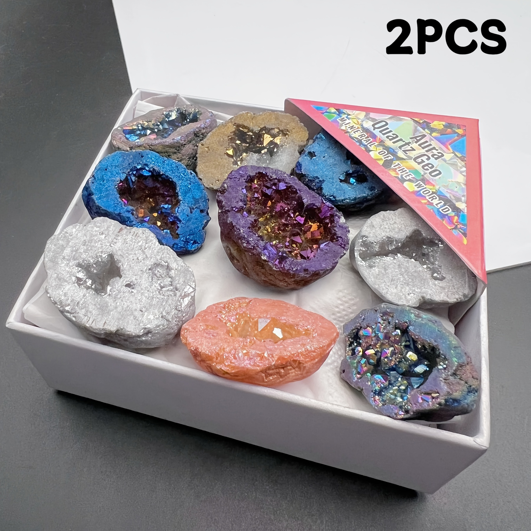 Image of 2pcs Natural Stone Specimen - Electroplated Rough Crystal/agate Geode With Natural & Mineral Suitable For Educational Teaching Collectors, Display, Science Decor - Random Color/shape/size (no )