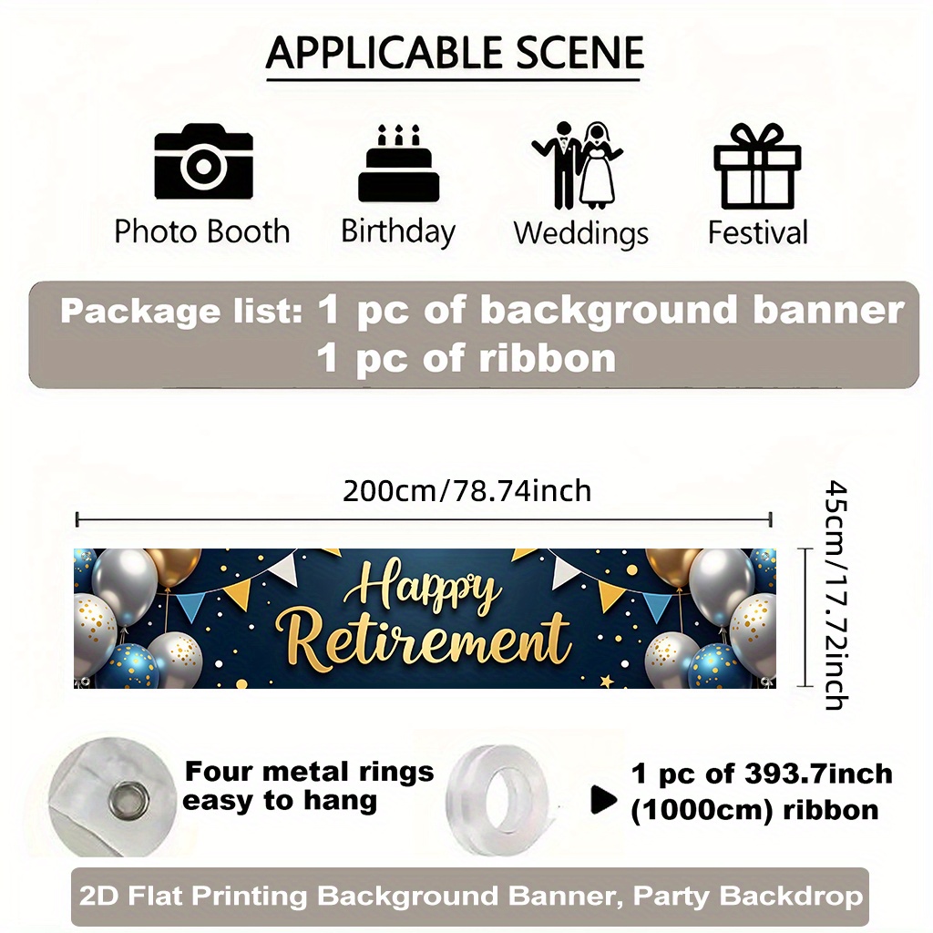 TEMU 2d Flat, 1pc Happy Retirement Party Banner - Elegant Golden & Blue Polyester Backdrop With Balloons, Stars, And "happy Retirement" Text,