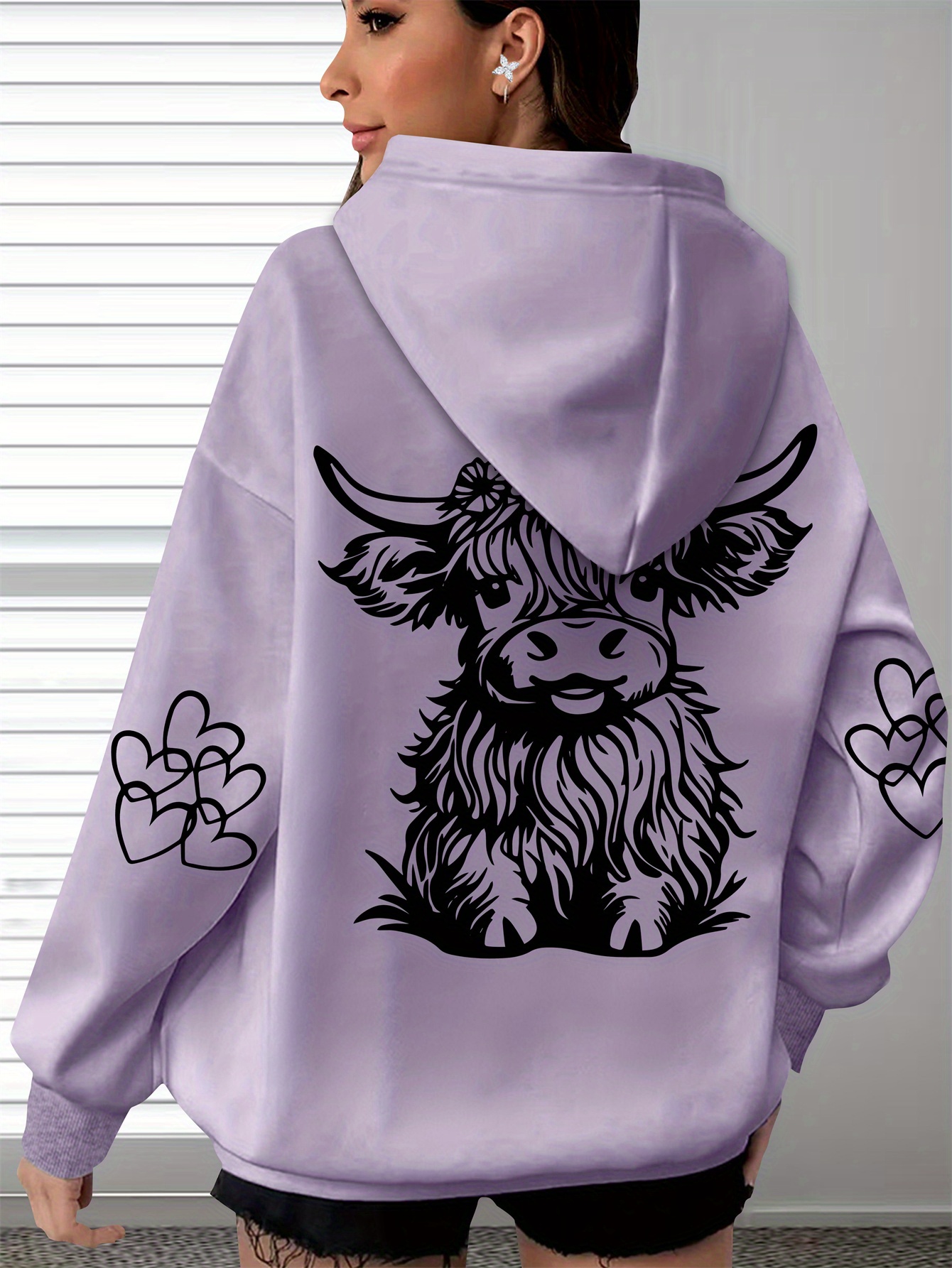 womens oversized cozy hoodie with highland cow print paw   soft long sleeve pullover brown polyester casual wear for everyday   details 20