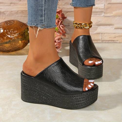 womens slip on thick platform wedge sandals open toe comfortable casual shoes with pu synthetic cover black for vacation casual attire