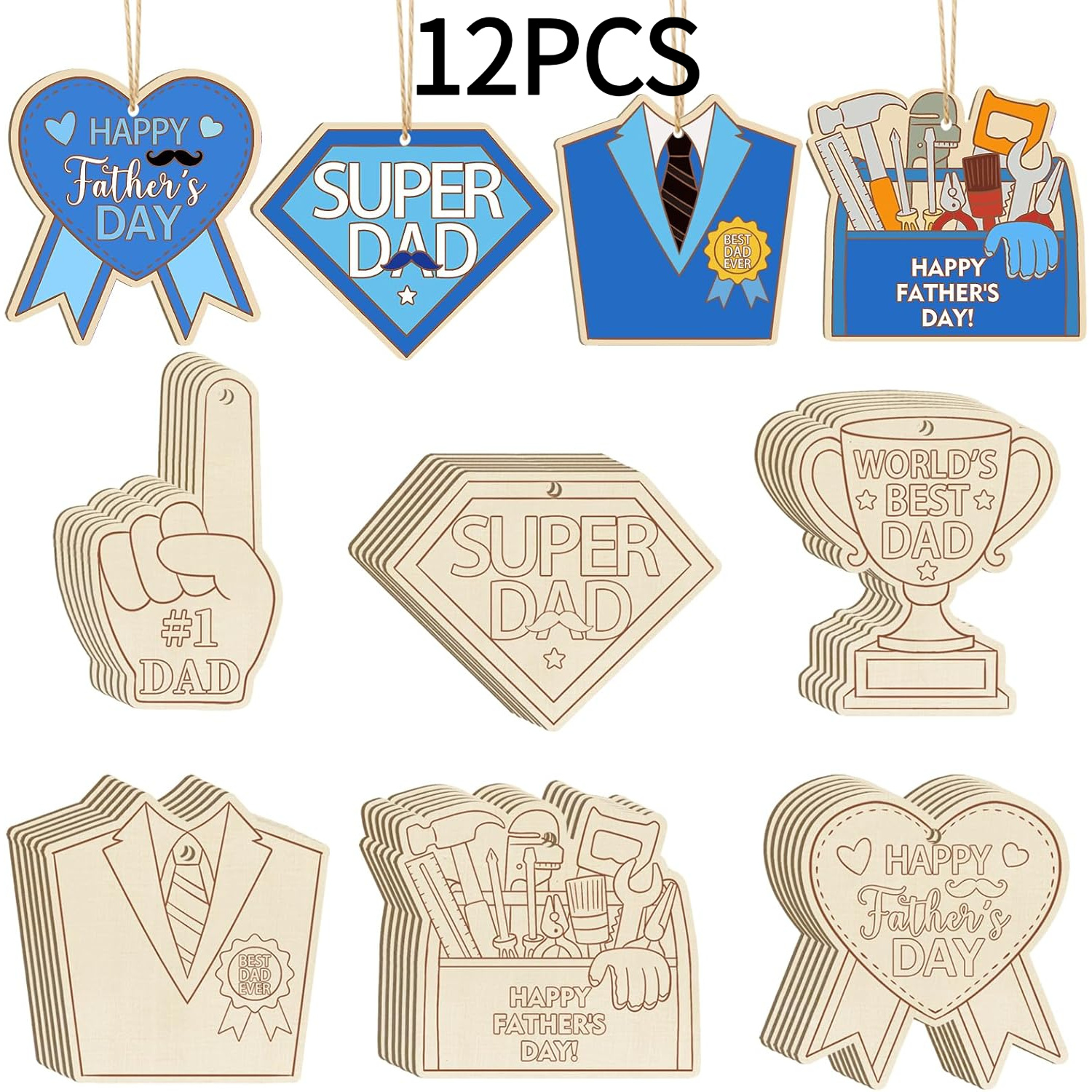 TEMU 2d Flat | 12pcs Unfinished Father's Day Theme Artificial Wood Ornaments Set, With "best Dad" Lettering And 6 Styles, Suitable For Painting,
